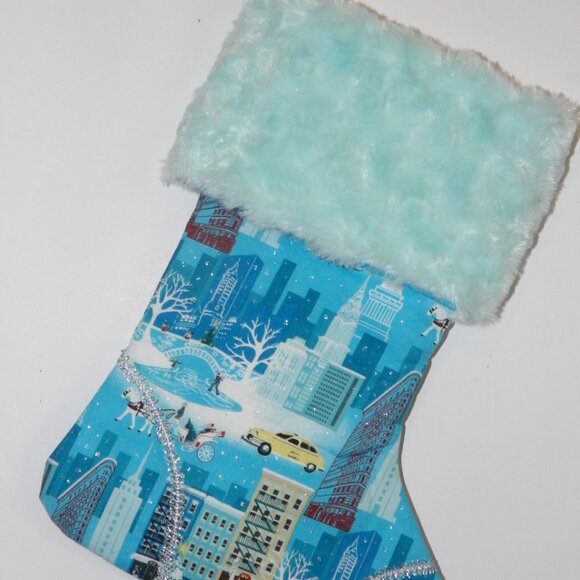 Blue with Yellow Taxi 14" Hand Crafted Christmas Stocking Silver Cord to Hang - Picture 2 of 5